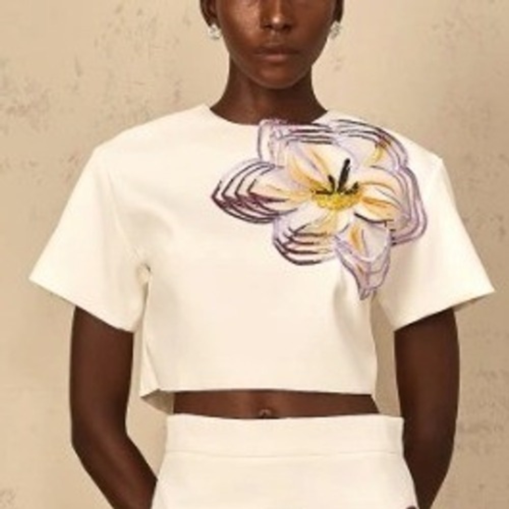 NWT White 3D Floral Appliqué Open Back Crop Top Bridal Coquette | Size M